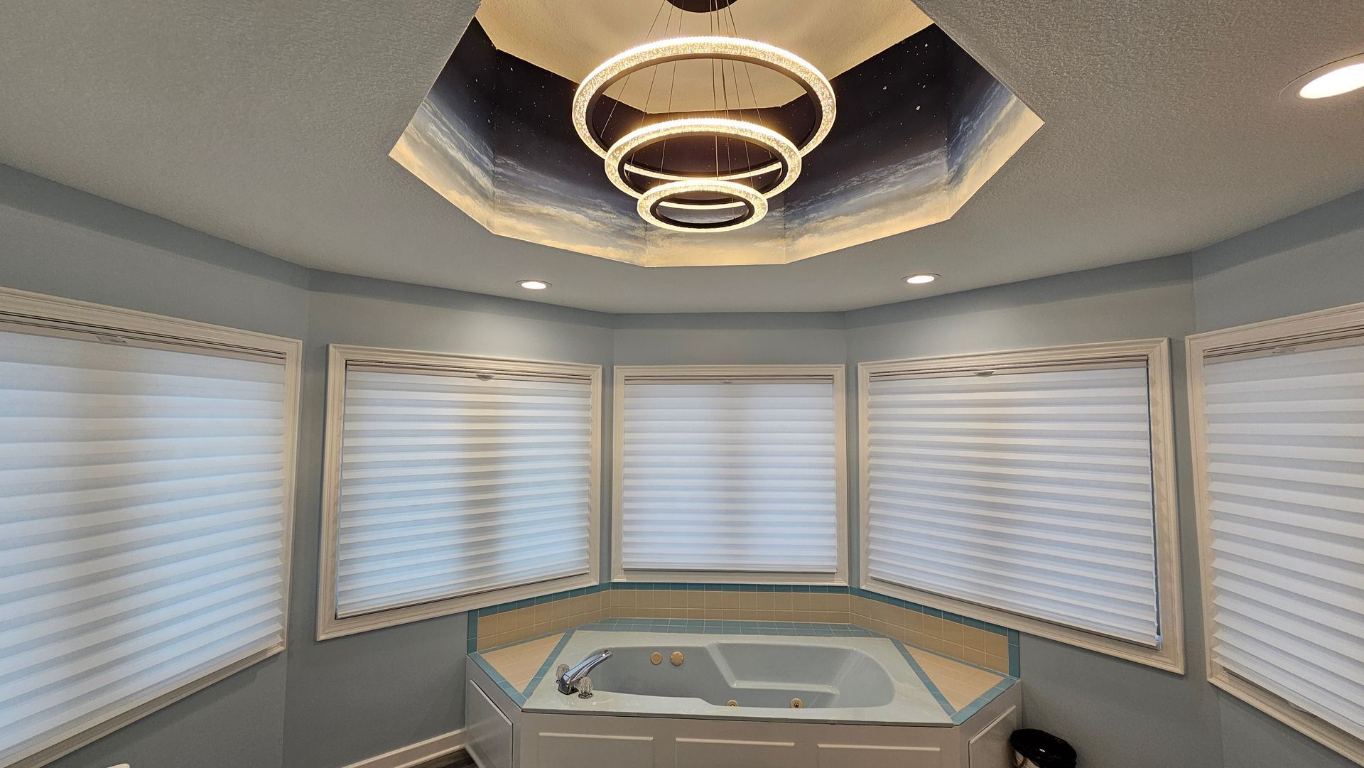Solar Shield Honeycomb Shades closed over bathtub
