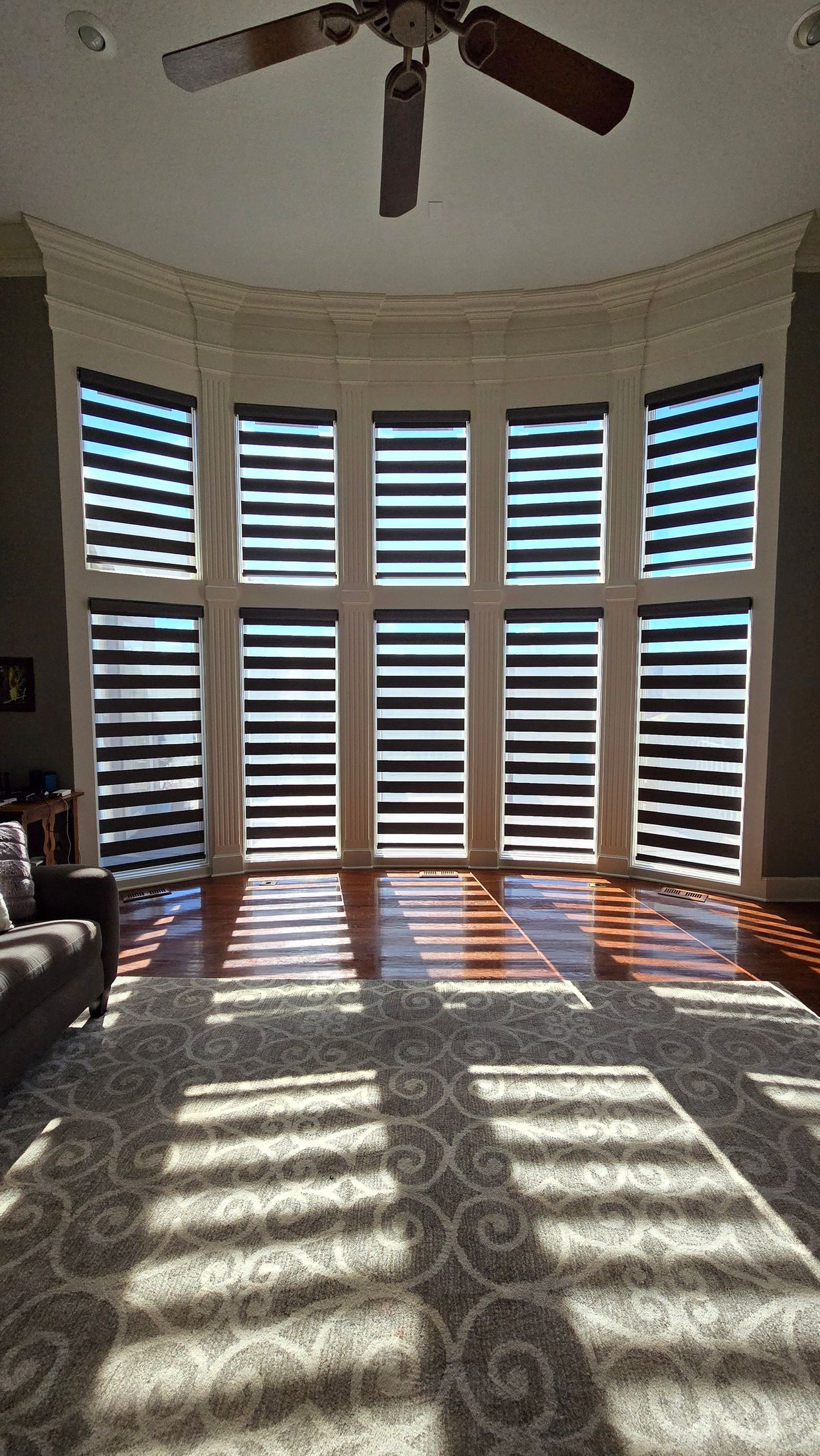 Great Room with Solar Shield Banded Shades installed on windows