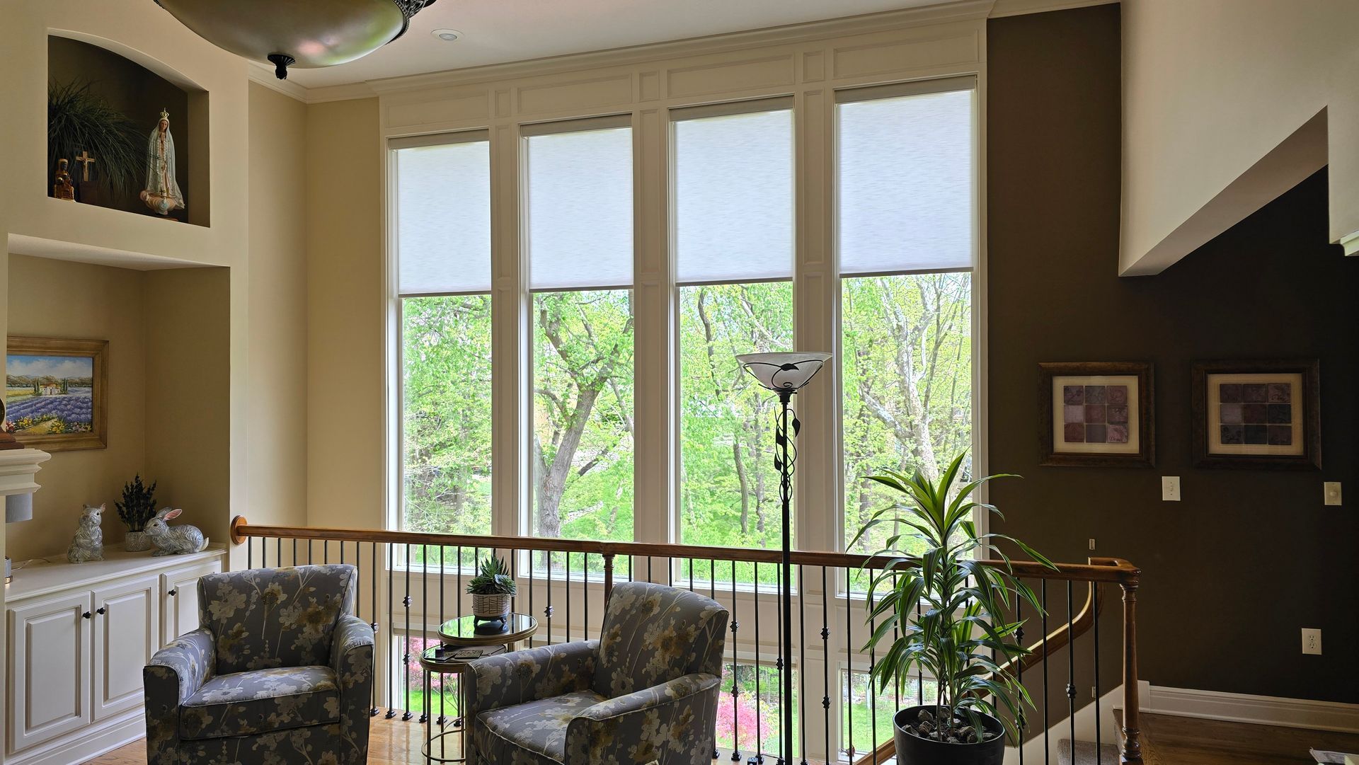 Solar Shield Roller Shade installed over a tall stairwell with hard to reach windows