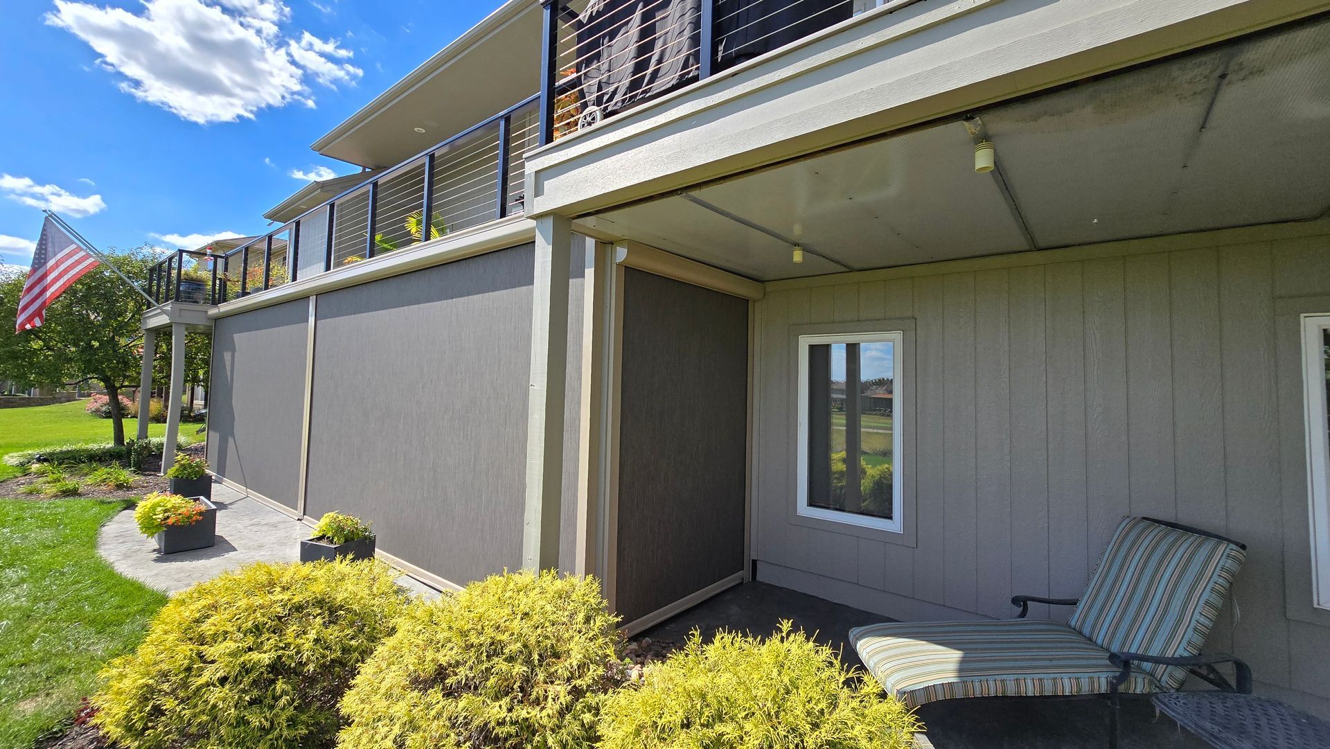Solar Shield Exterior Patio Shades installed on a patio in Olathe, KS