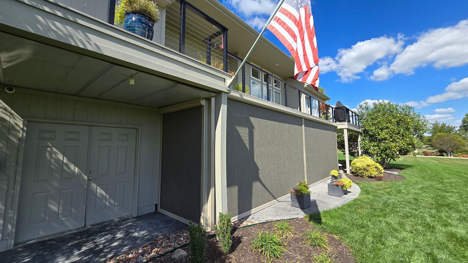 Solar Shield Exterior Patio Shades installed on a patio in Olathe, KS