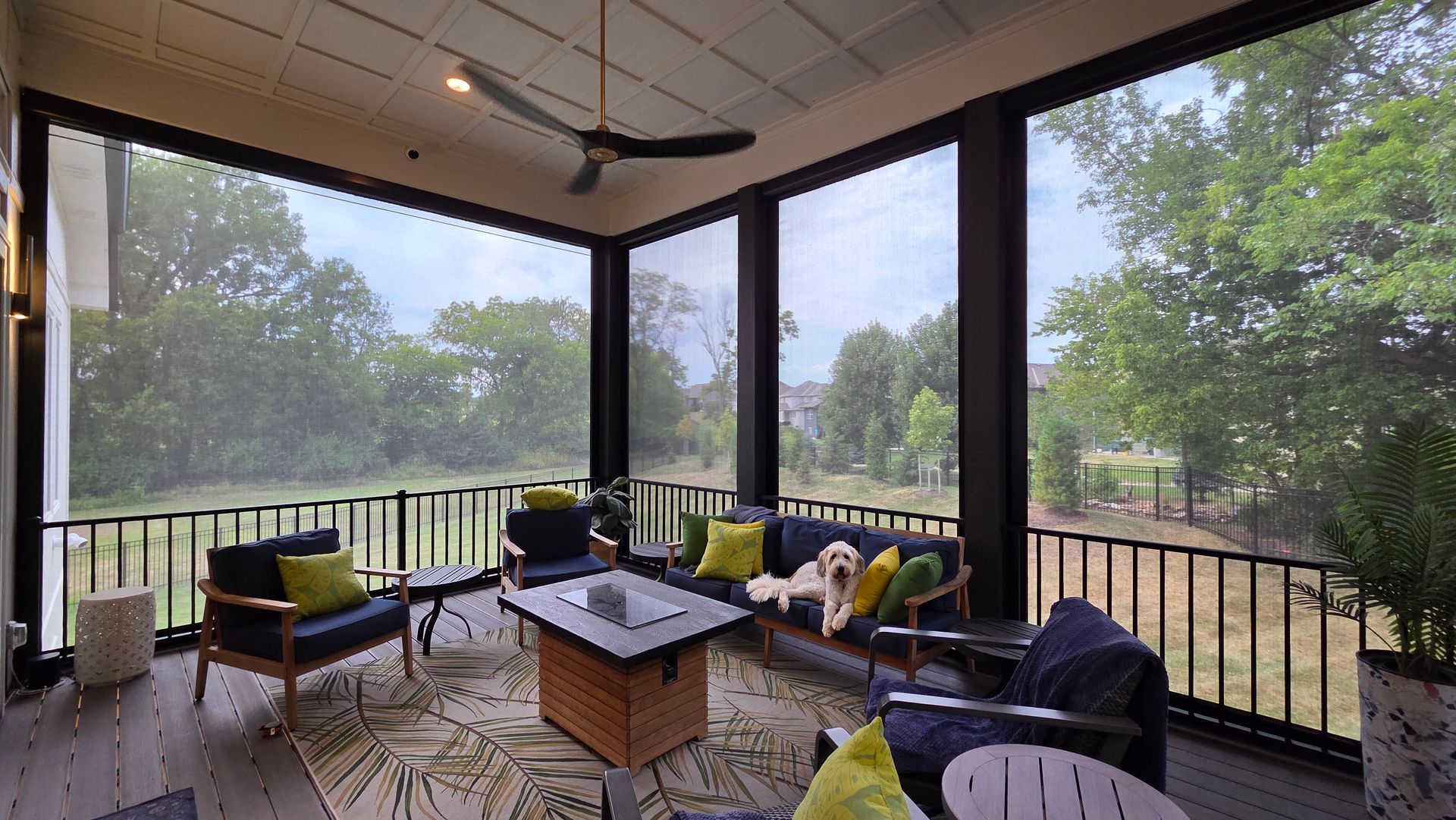 Patio Shades on a deck creating comfortable outdoor living with white dog in photo