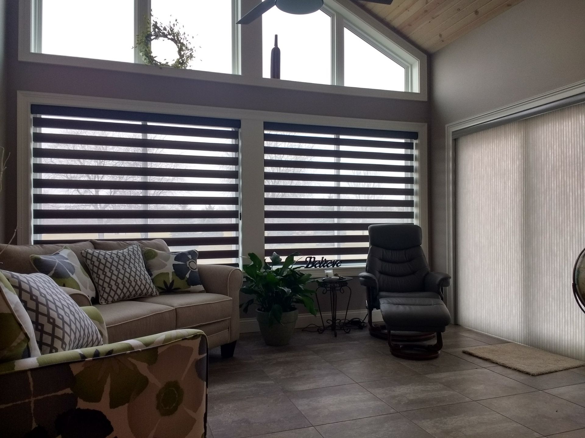 Family Room with Solar Shield Banded Shade on windows