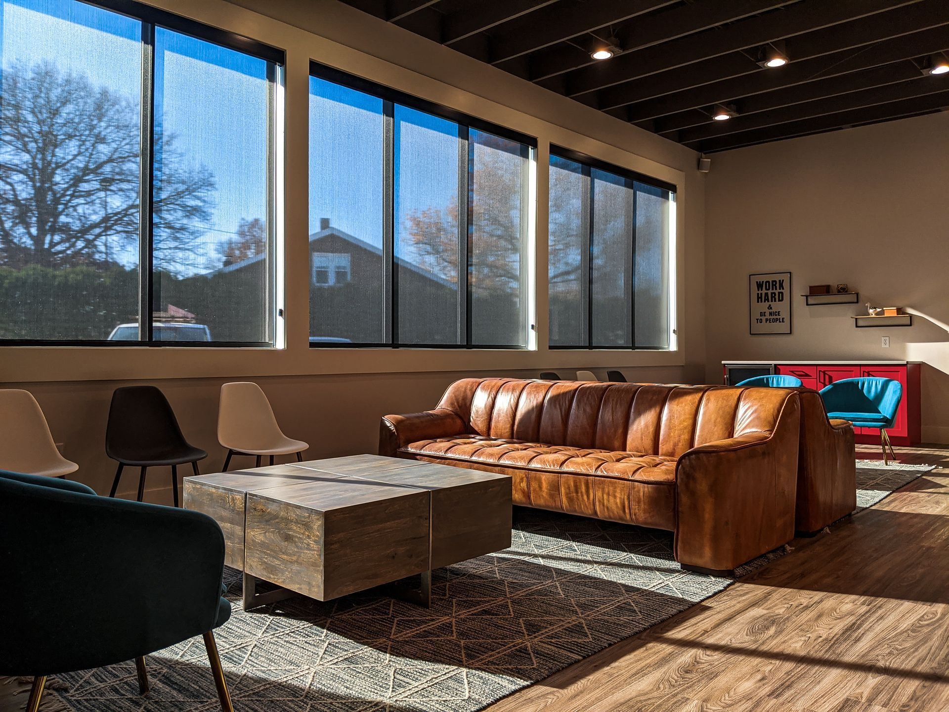 Solar Shield Roller Shade installed in a commercial business space. Lobby shades