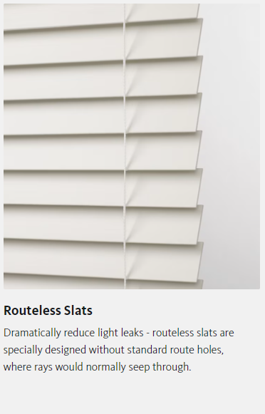 A picture of a white blind with the words routeless slats on it