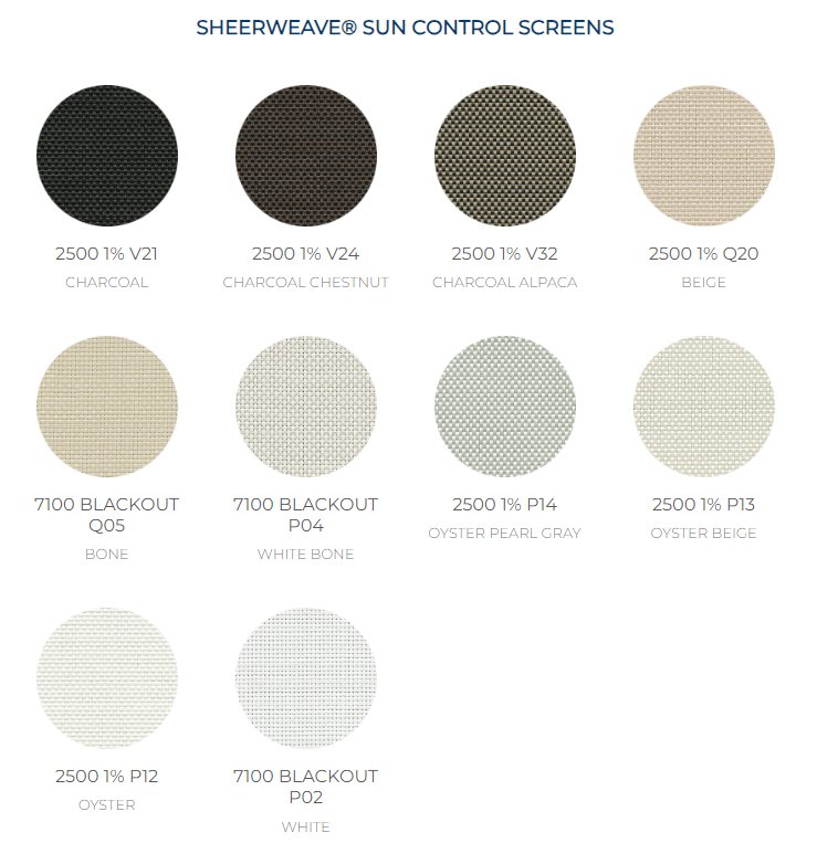 There are many different colors of sheerweave sun control screens.