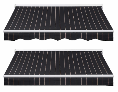 Two black awnings with white stripes on a white background