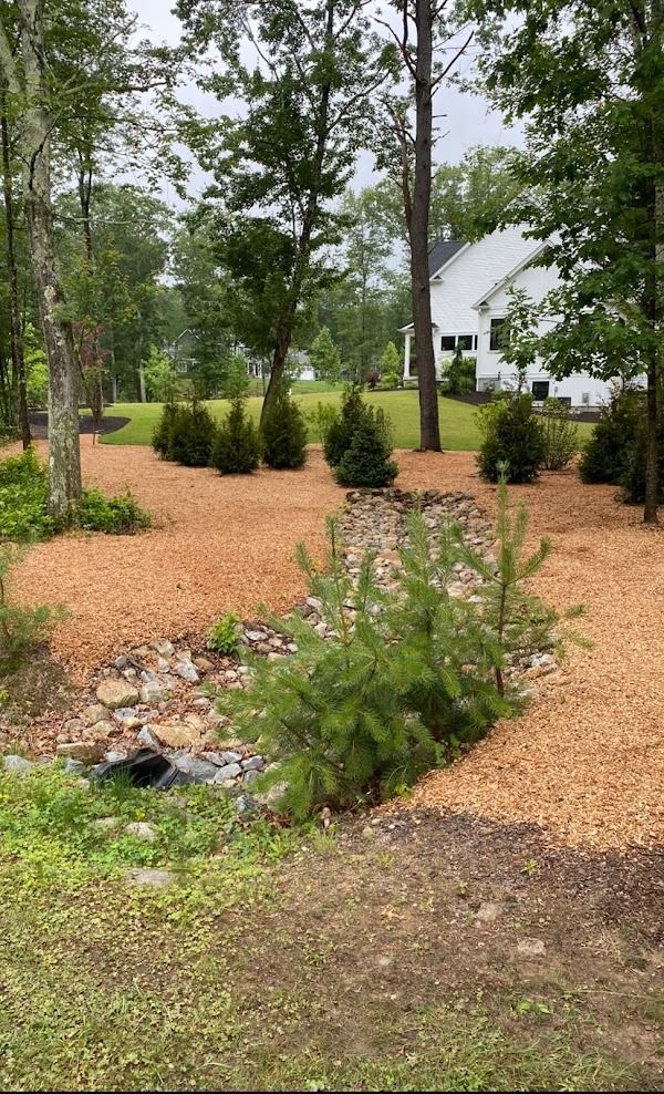 A white house is sitting in the middle of a lush green field surrounded by trees.