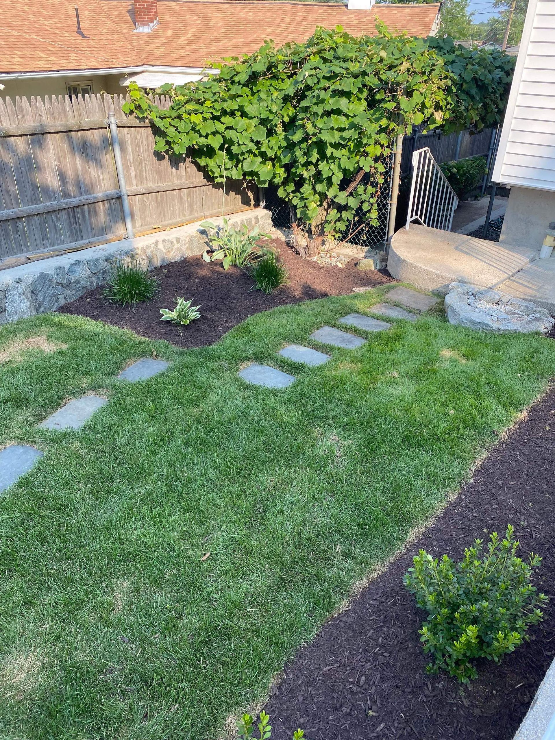 A backyard with a lush green lawn and a stone walkway.