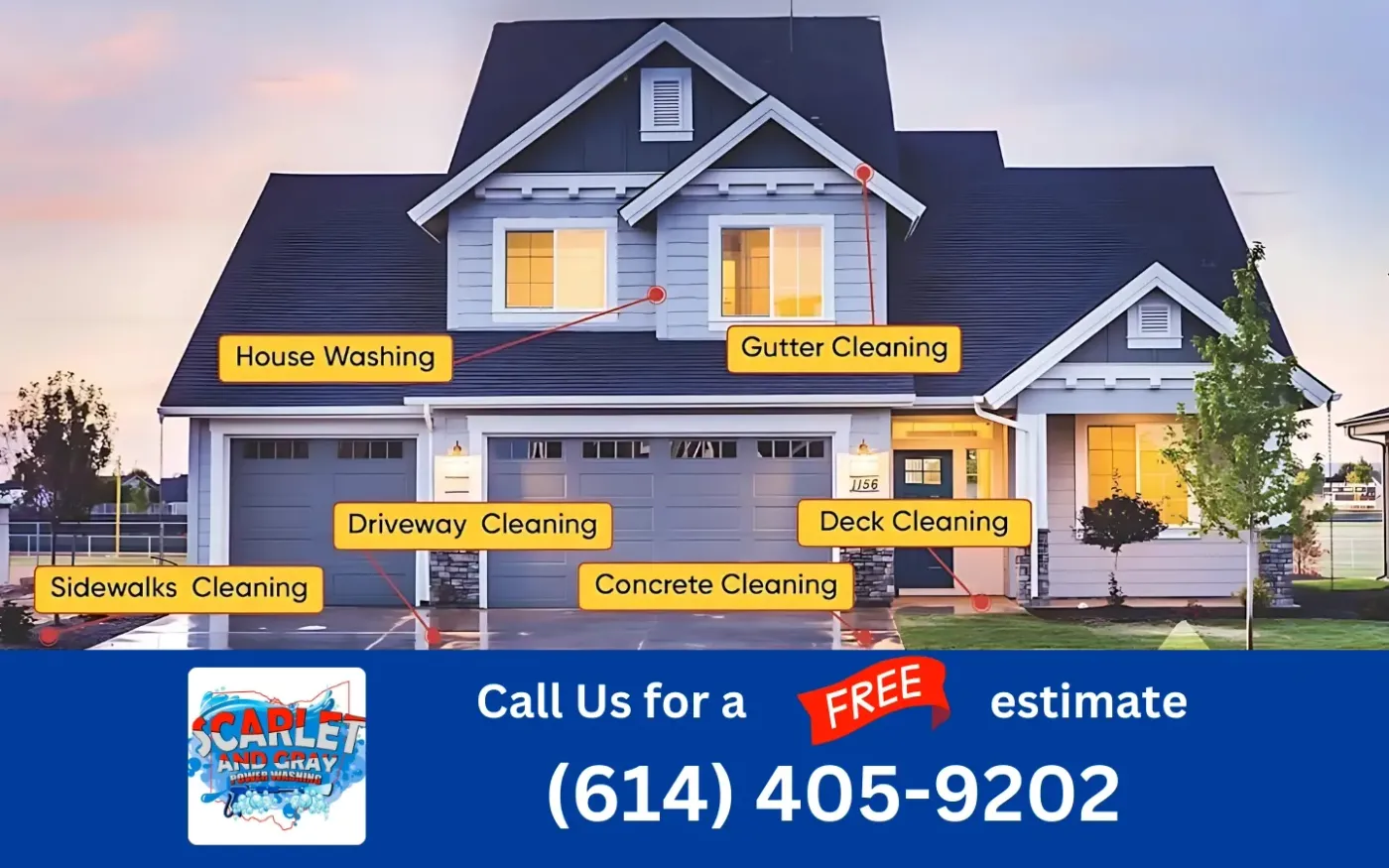 Scarlet and Gray Power Washing - An advertisement for a house cleaning company with a phone number
