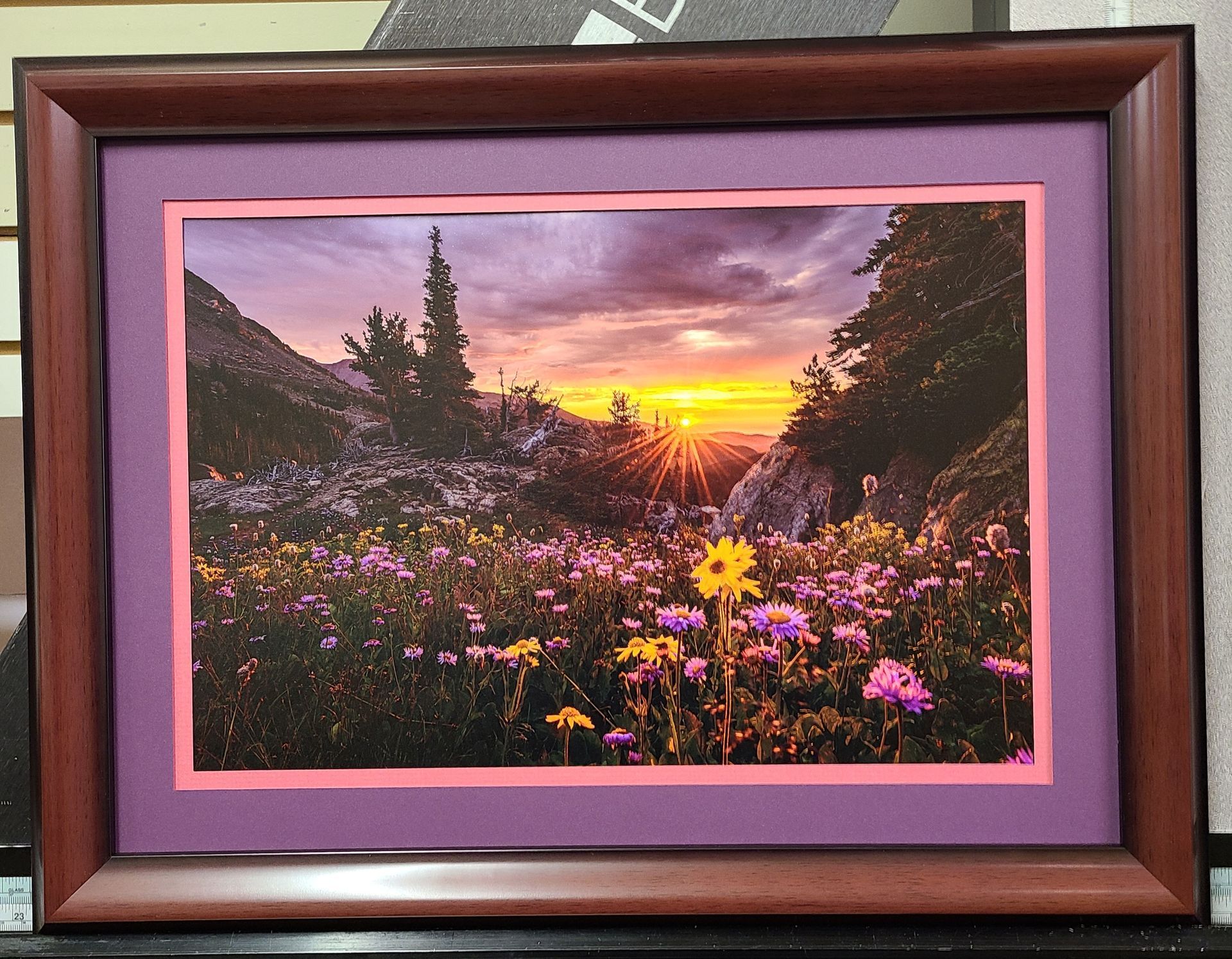 A framed picture of a sunset over a field of flowers