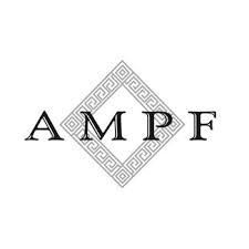 The logo for ampf is a black and white logo with a greek key frame.
