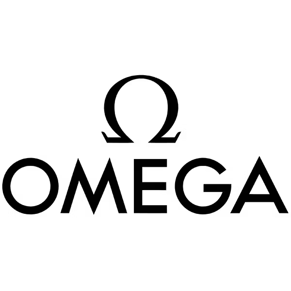 A black and white logo for omega on a white background.