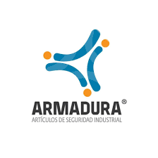 Logo for Armadura, featuring blue abstract shapes and orange circles.