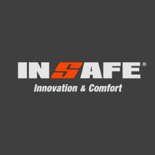 Logotipo de INSAFE, con texto blanco sobre fondo gris, la "S" en naranja y las palabras "Innovación y Confort".