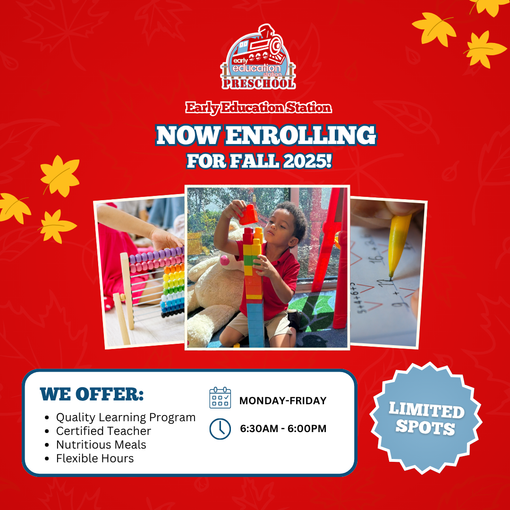 An advertisement for a preschool that is now enrolling for fall 2025
