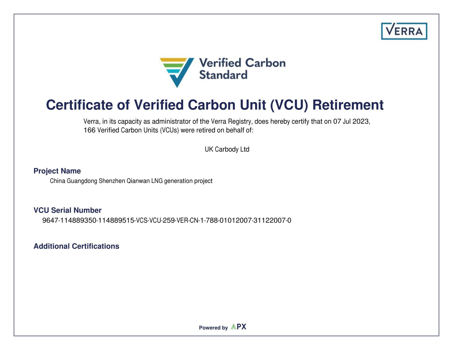 UK Carbody | Certificate of Verified Carbon Unit (VCU) Retirement