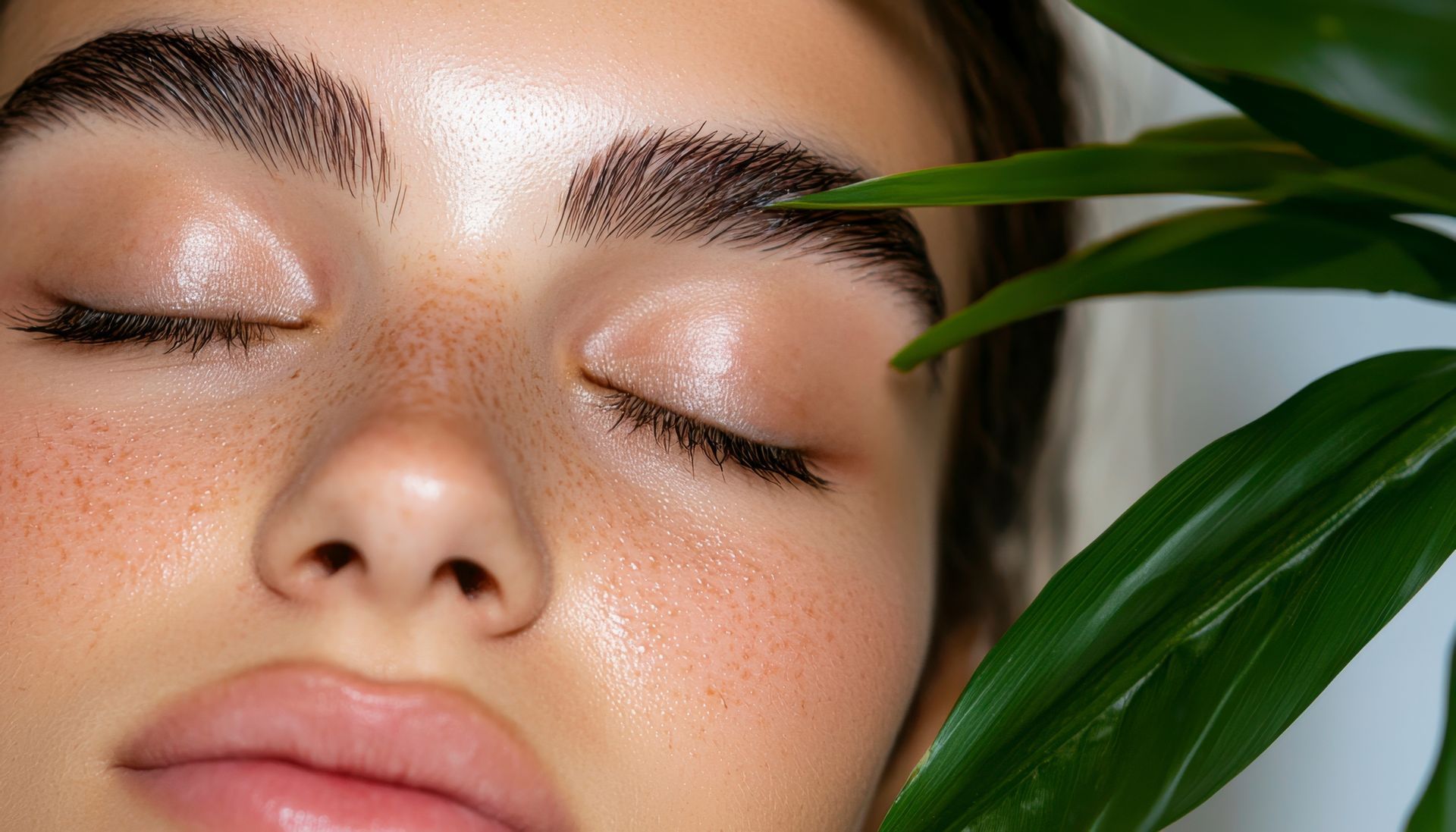 Close-up of person's face with closed eyes, freckles, full lips, and thick, groomed eyebrows; green leaves on right.