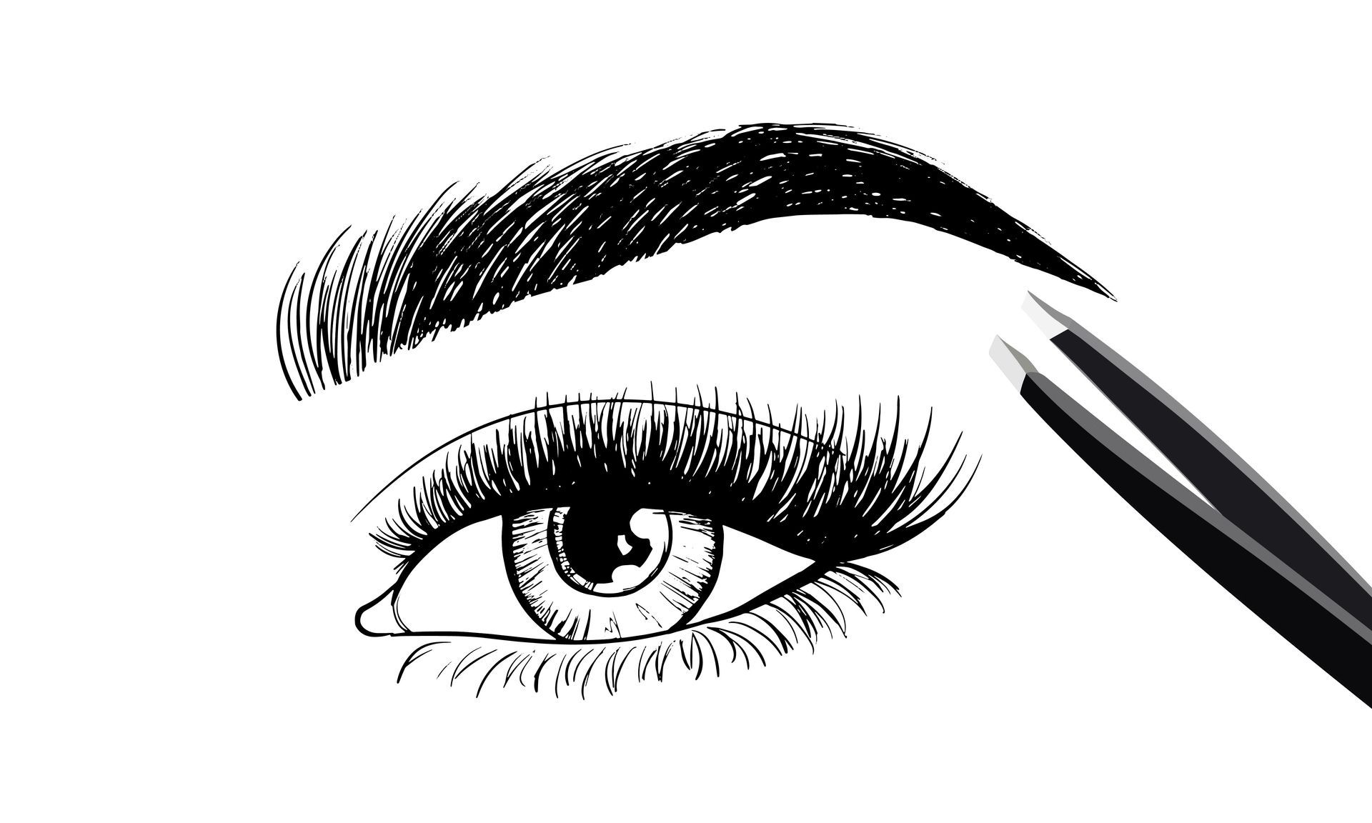 Eye and eyebrow illustration with tweezers, showing brow shaping.