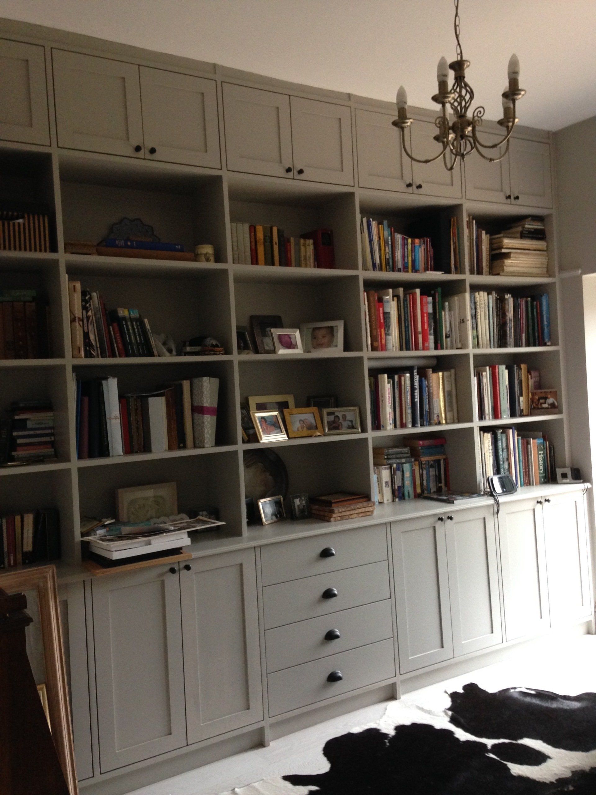 large MDF office unit with cupboards and shelving. Shaker doors painted grey.