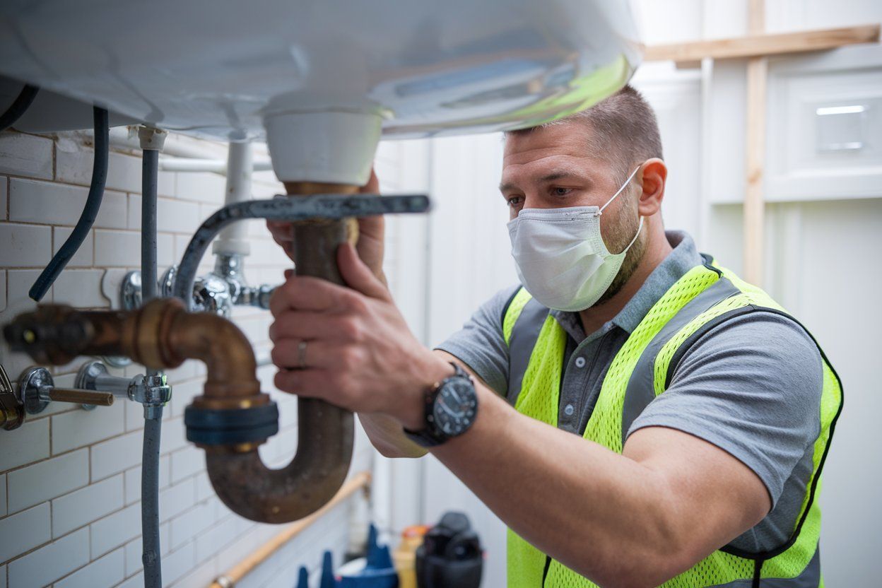 A plumber wearing a mask is fixing a sink pipe.