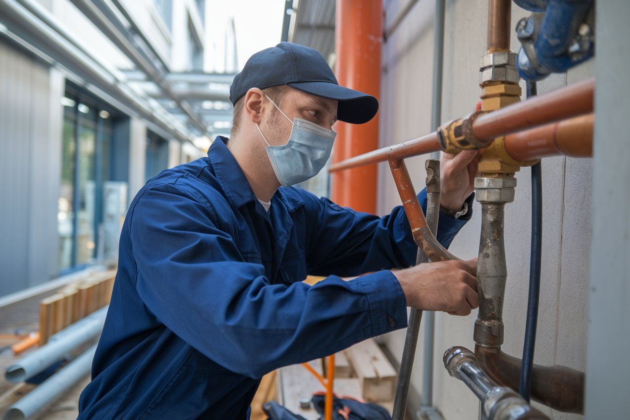 A man wearing a mask is working on pipes.