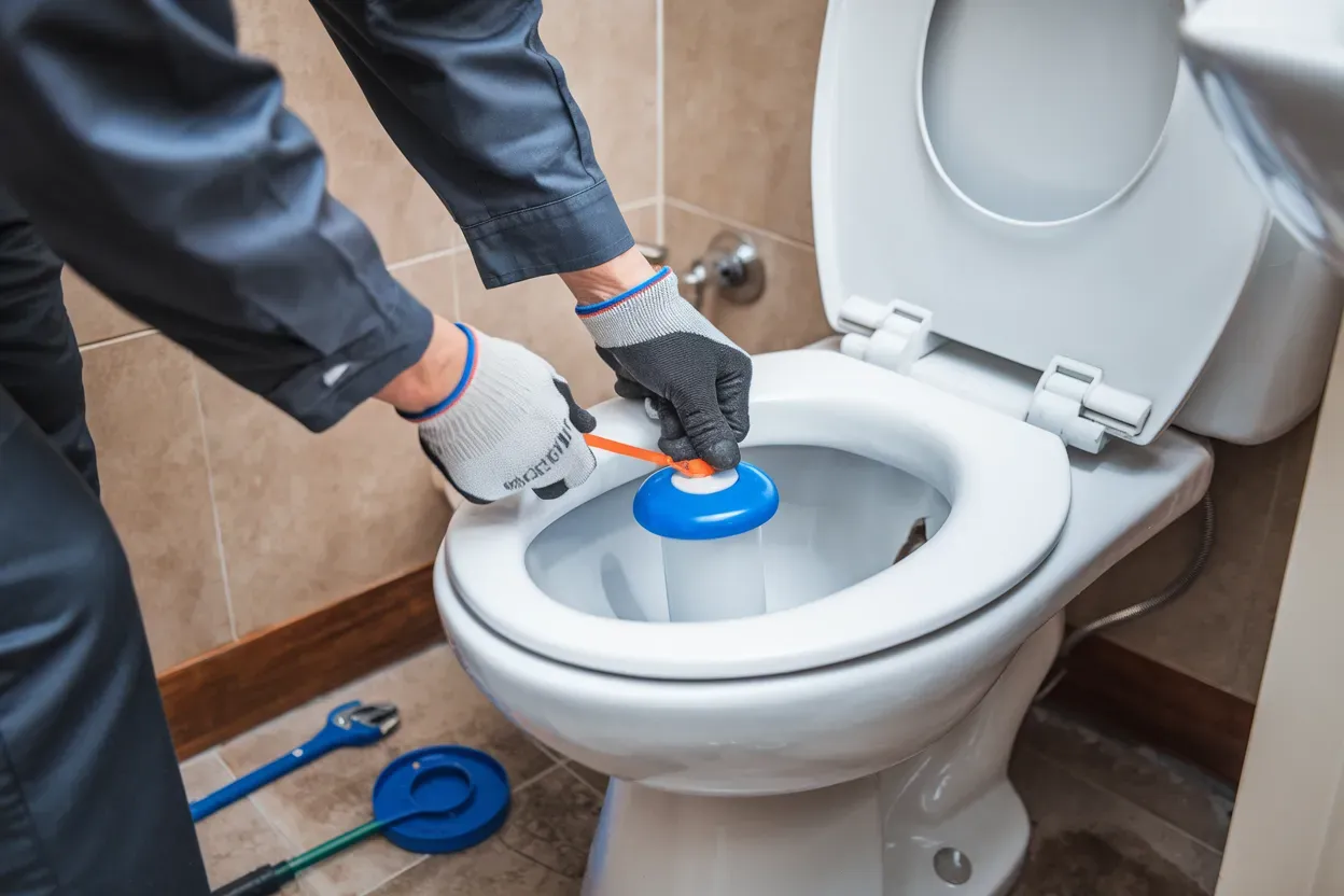 A plumber is using a plunger to unblock a toilet in a bathroom.