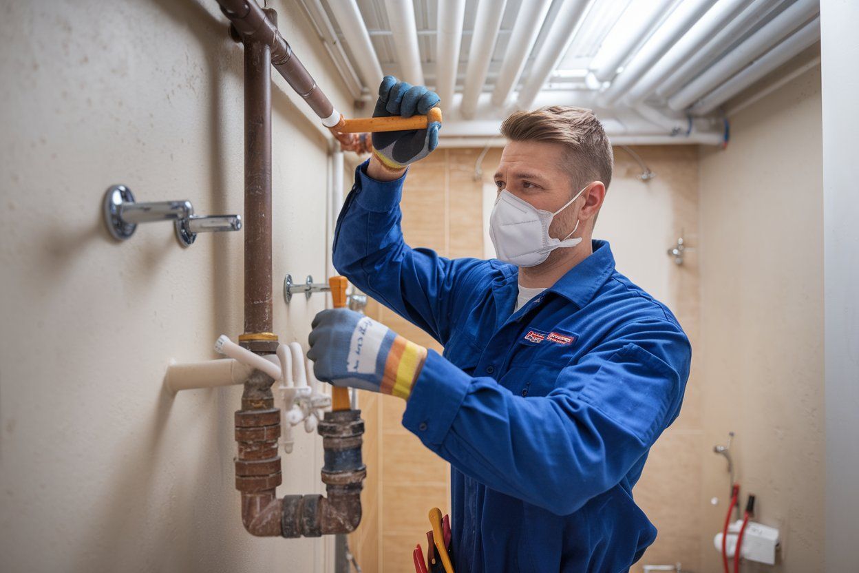 A plumber is working on a pipe with a wrench.