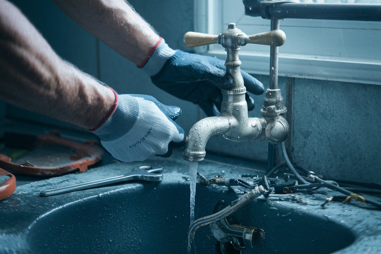 A person is fixing a faucet in a sink.