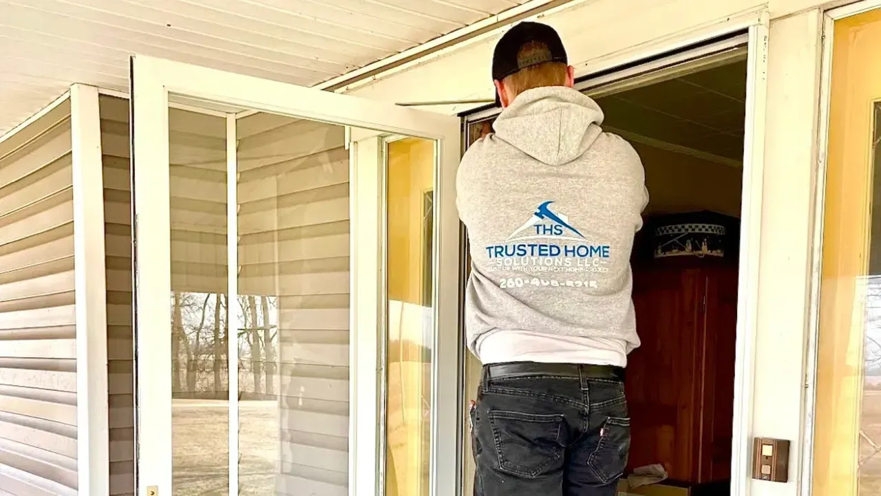 A man in a gray hoodie is standing in front of a door.