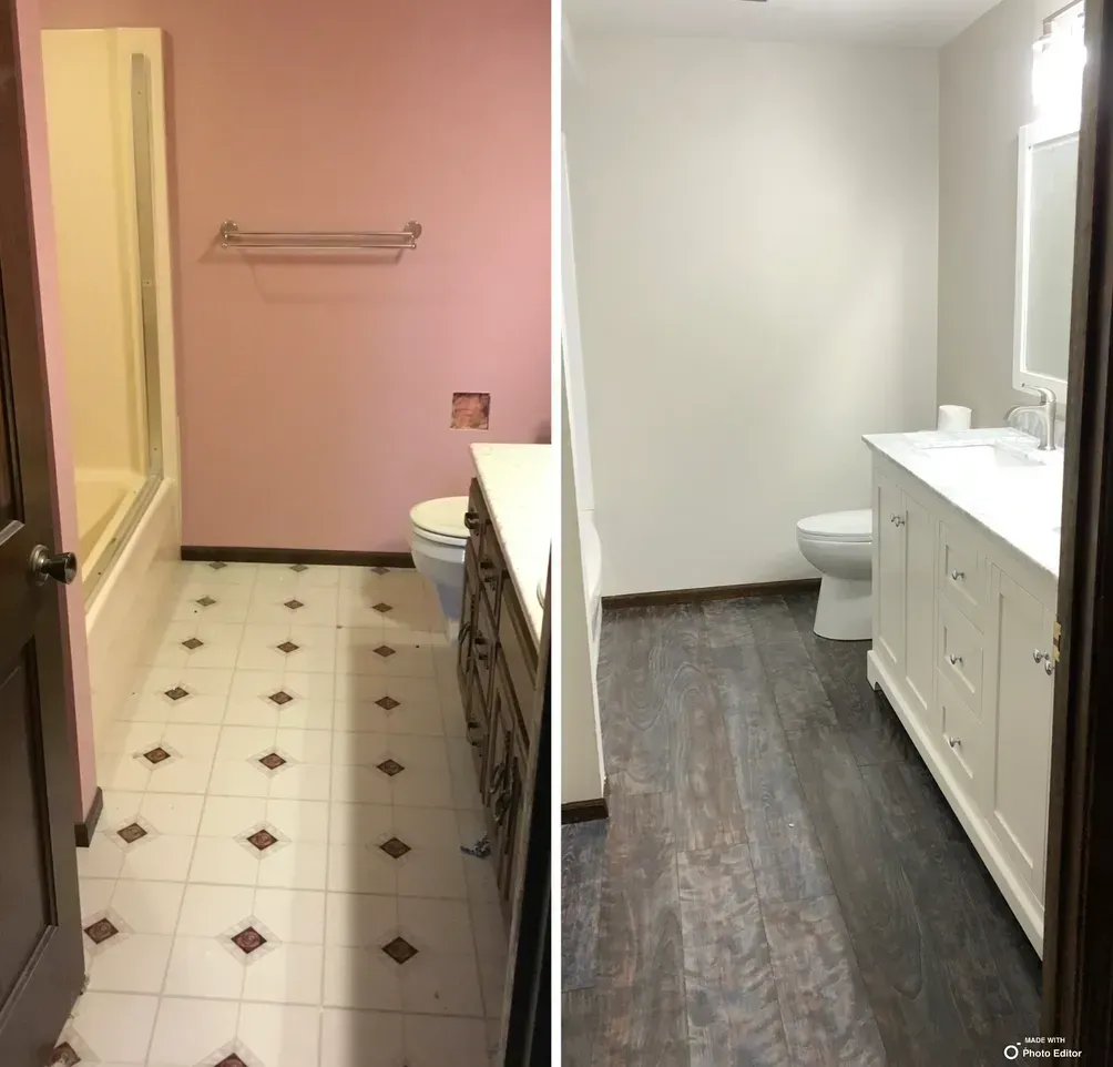 A before and after photo of a bathroom with a toilet and sink