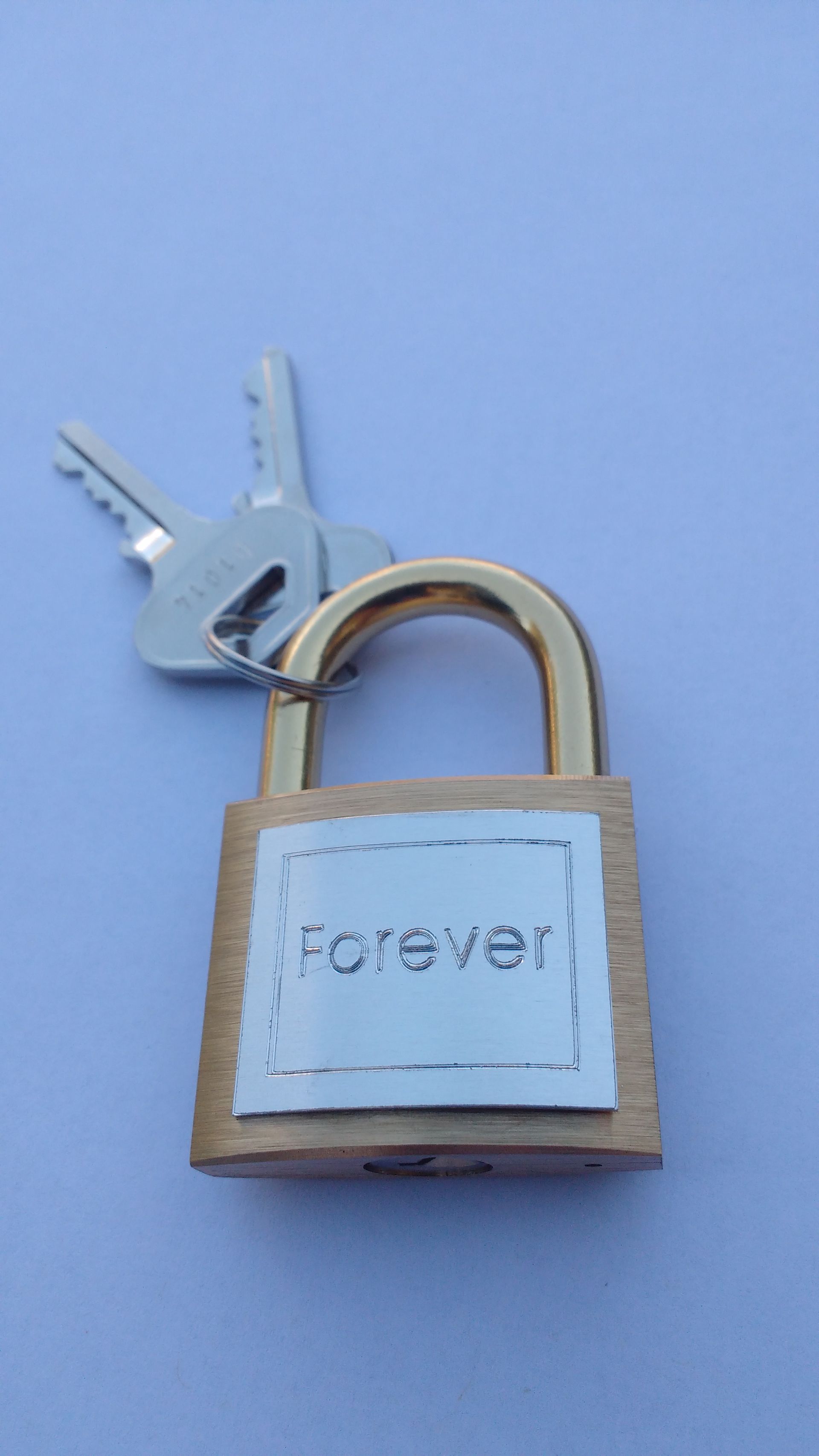 A gold-toned padlock with the word 