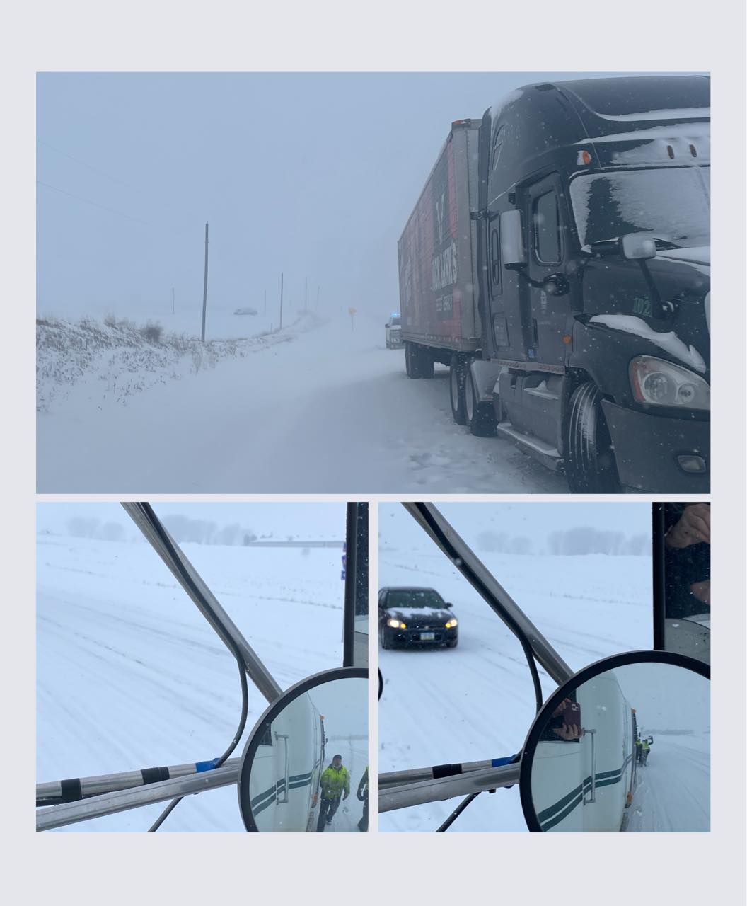 Snowy road with a semi-truck stopped on the side. Car approaching from behind.