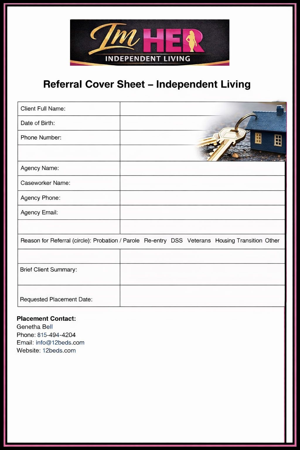 Referral cover sheet template for independent living, with form fields and a small house graphic.