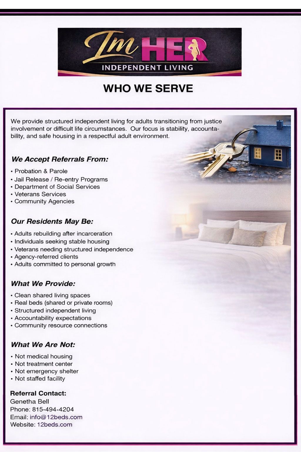 Flyer for Im Her Independent Living. Purple border, services offered to those transitioning to independent living.