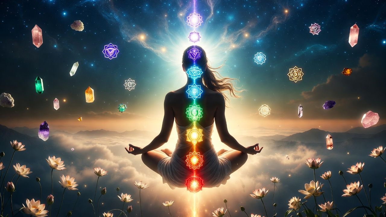 Silhouette meditating at sunset with glowing chakra points and floating crystals over a cloudy sky