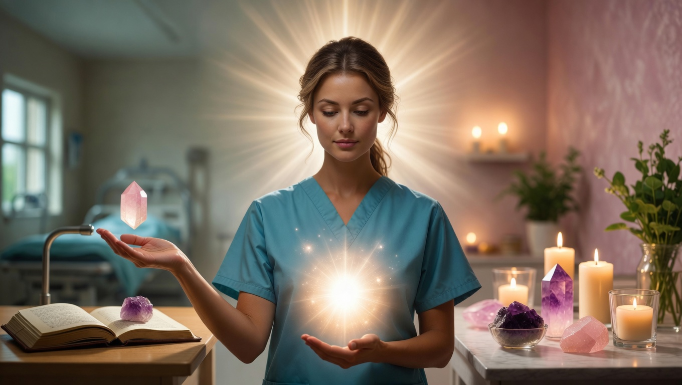 Woman in blue scrubs holding glowing light, surrounded by crystals and candles in a calm room