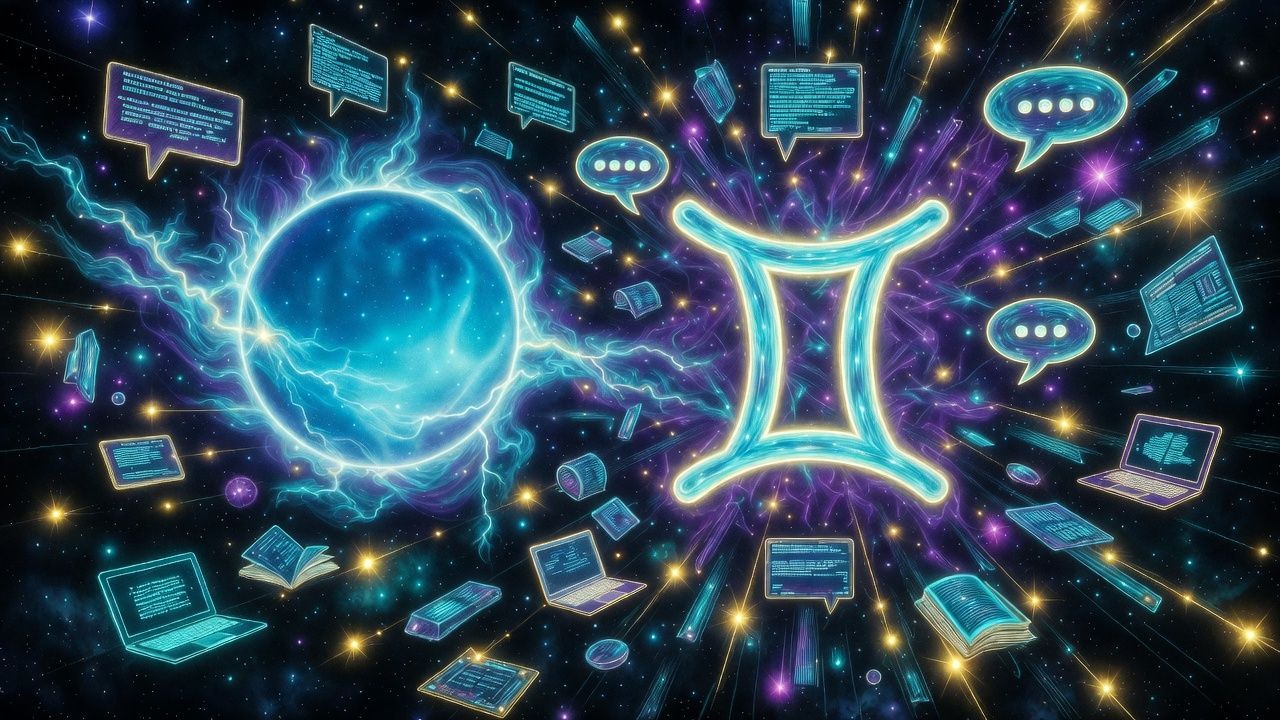 Abstract neon Gemini zodiac symbol with glowing blue orb, chat bubbles, and digital icons on a starry cosmic background