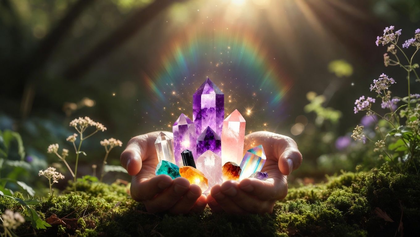 Hands holding glowing purple crystals in a sunlit meadow with rainbow light and wildflowers
