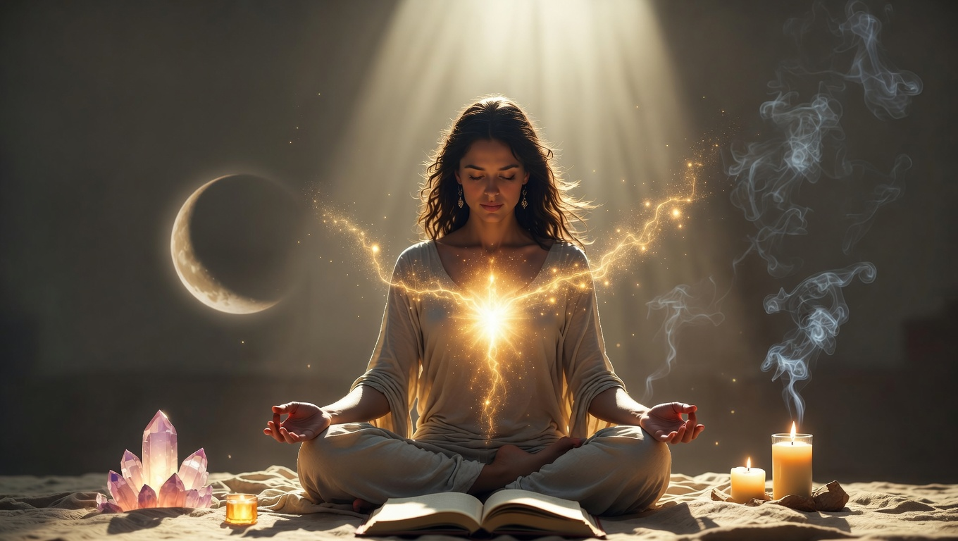 Person meditating in warm light with candles, crystals, and a glowing book on the floor