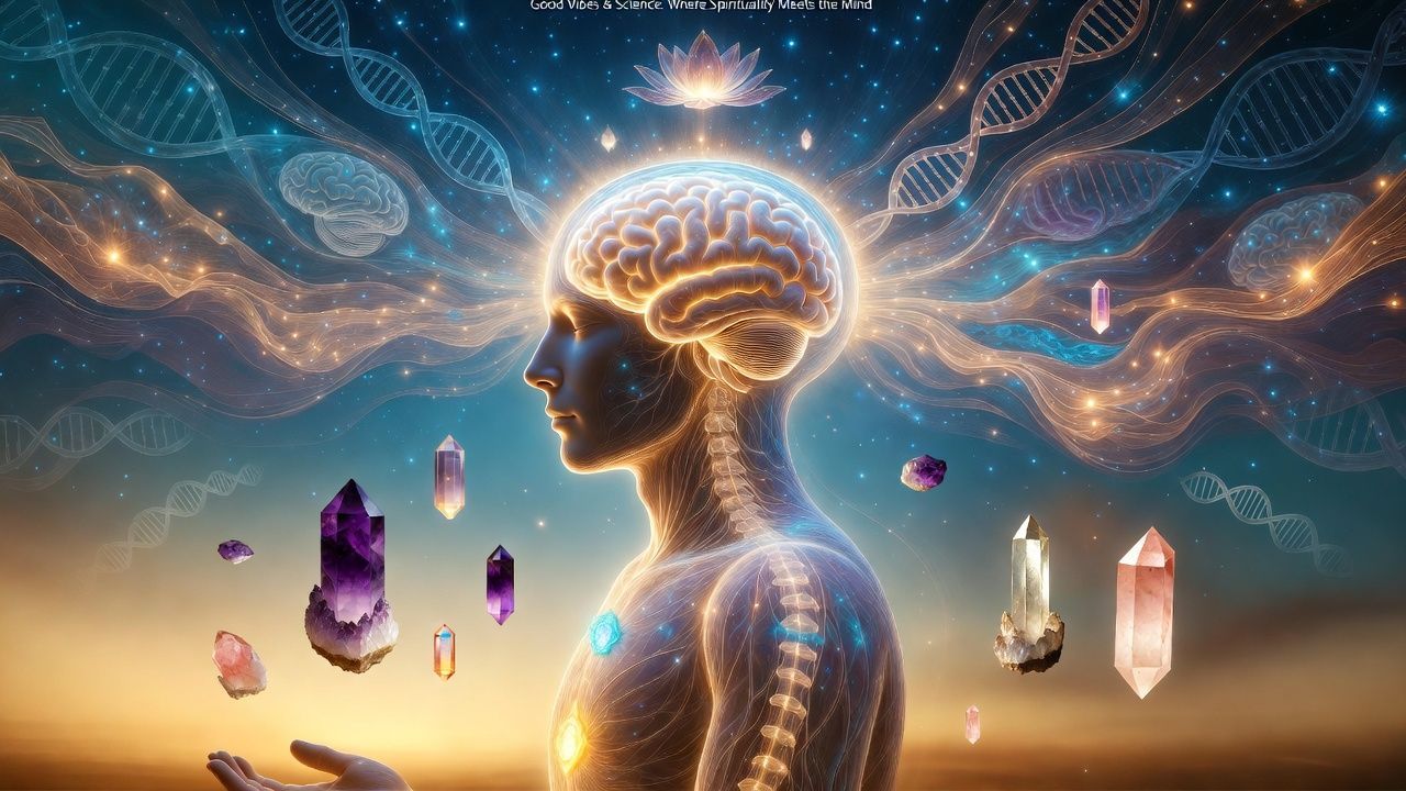 Glowing human profile with illuminated brain, surrounded by floating crystals and cosmic light trails