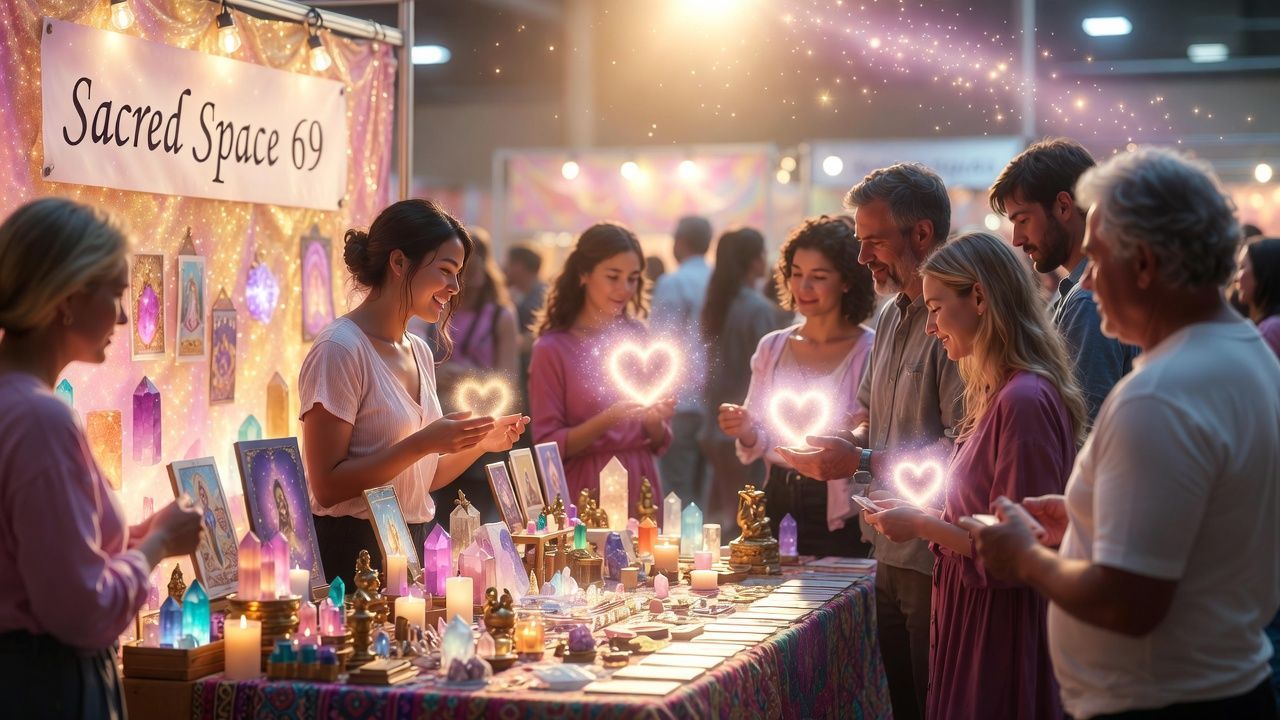 Festival booth with glowing heart lights, candles, and people browsing handmade crafts at dusk