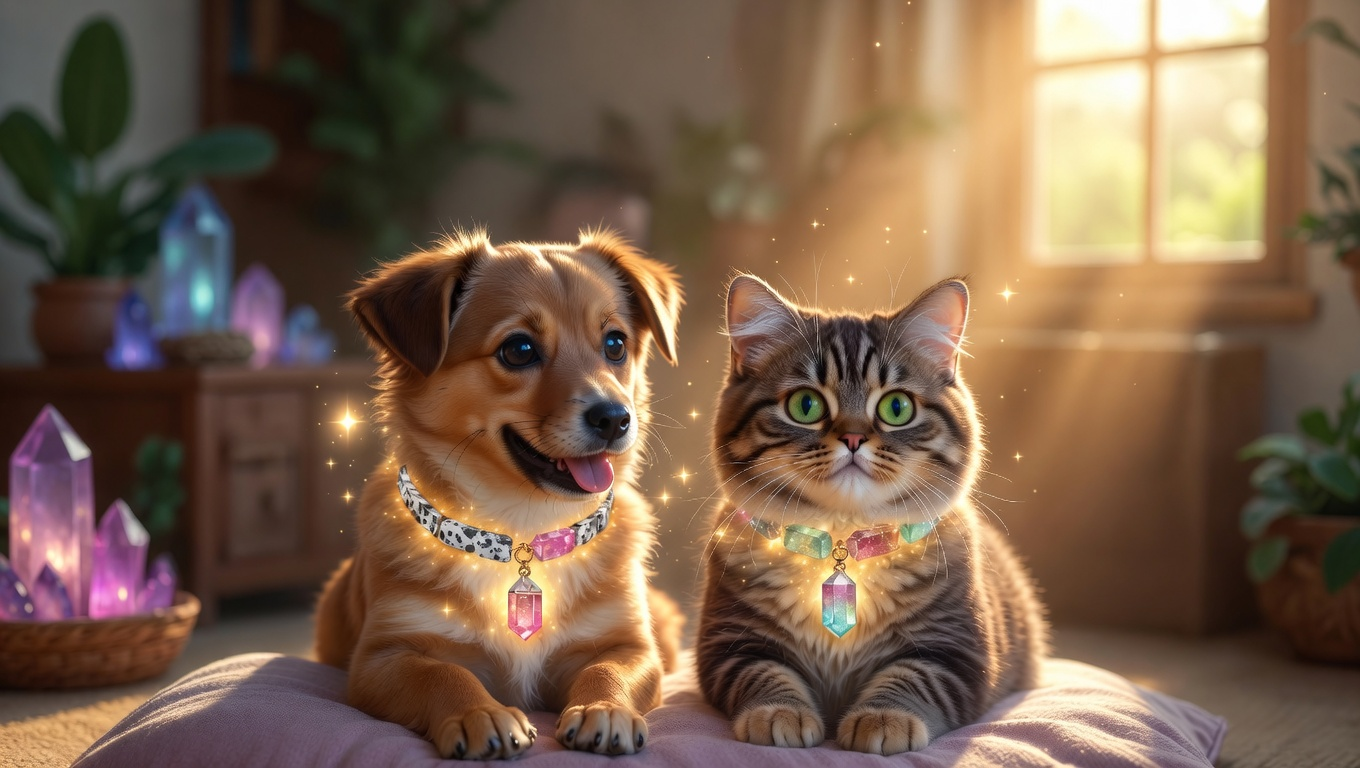 Small dog and tabby cat wearing jeweled collars, sitting together in a sunlit room with crystals.