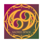 Circular gold logo with ornamental border and “SACRED SPACE” text on a purple-green gradient background