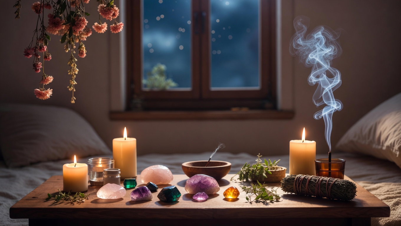 Candlelit crystal and incense altar on a wooden table by a window, with flowers, bowls, and a smoky censer