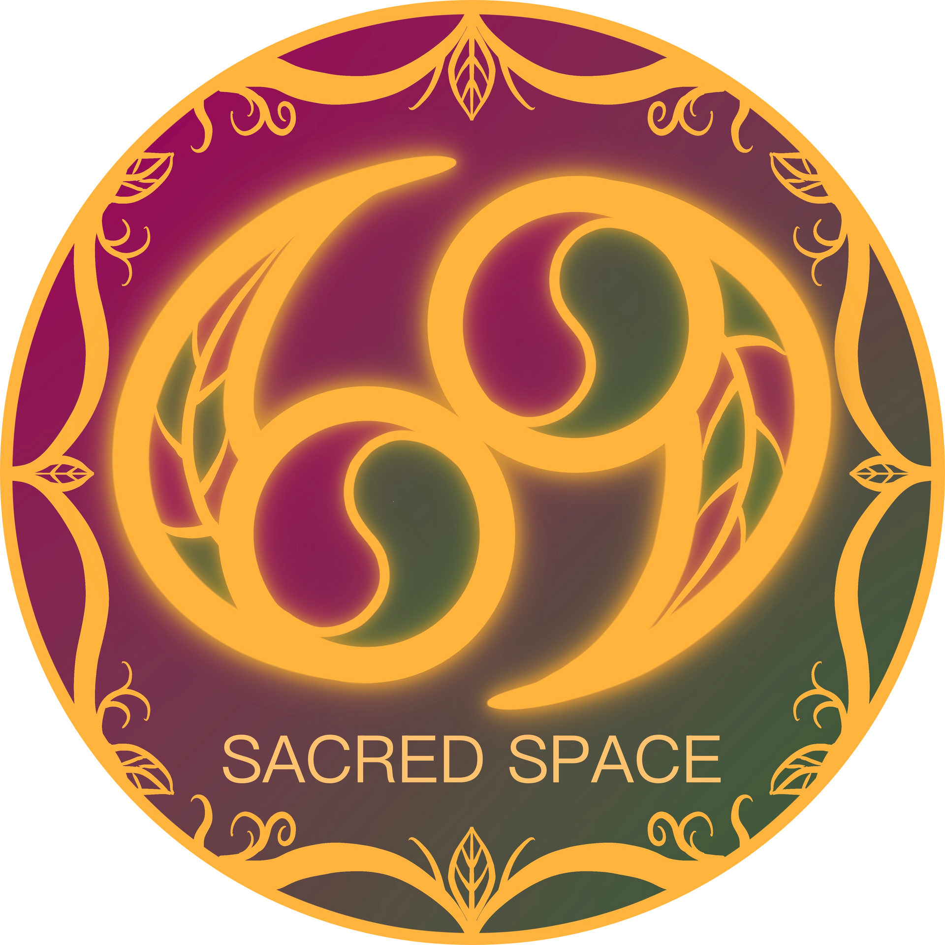 Circular gold and purple logo with a triquetra symbol and the words “SACRED SPACE”