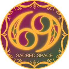 Circular gold and purple logo with a triquetra symbol and the words “SACRED SPACE”