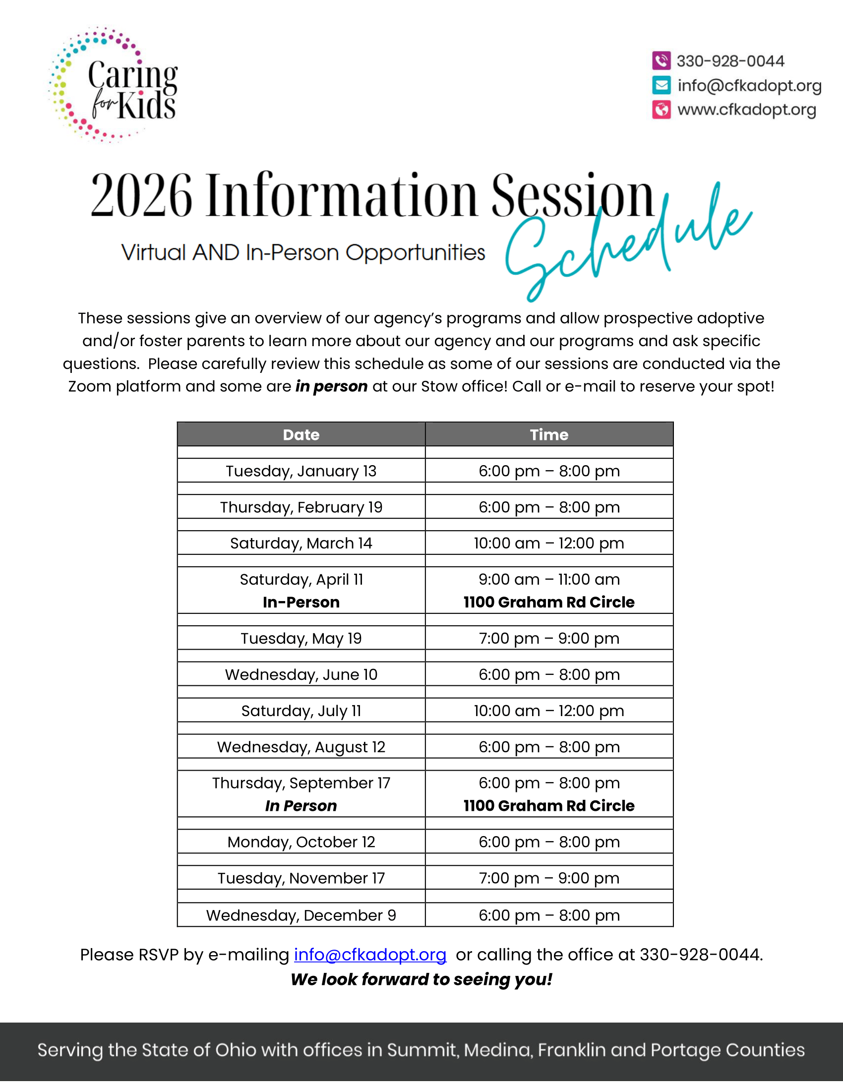 2026 Information Session Schedule. Table shows dates and times for information sessions about the Caring Schools program.