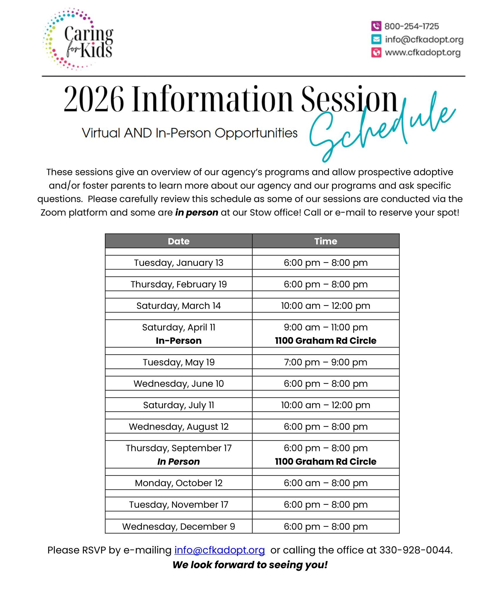 2026 Information Session Schedule. Table shows dates and times for information sessions about the Caring Schools program.