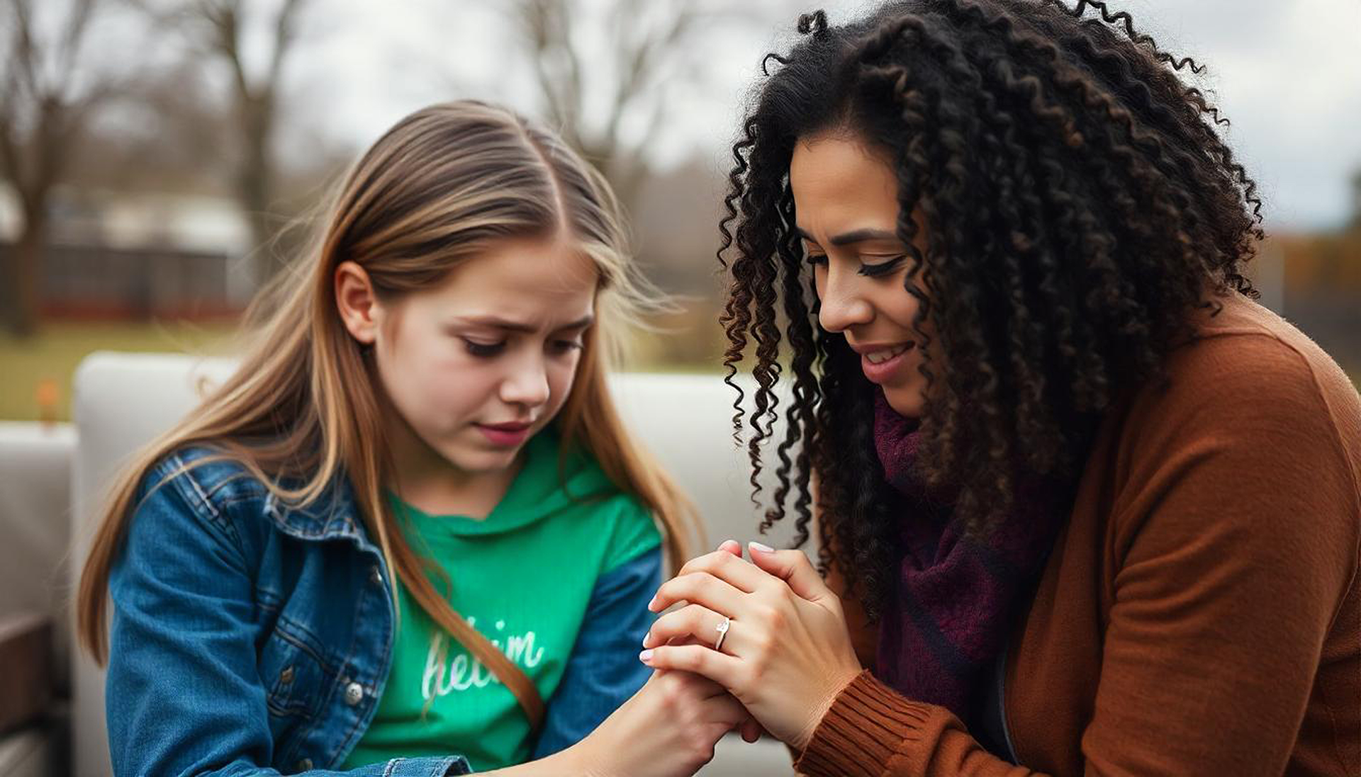 Family of four laughing and hugging on a gray couch.